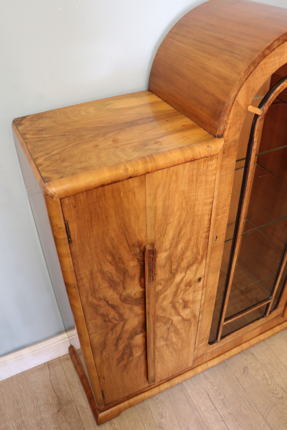 An absolutely lovely & unusual early 20th century walnut veneered side or display cabinet. View XII