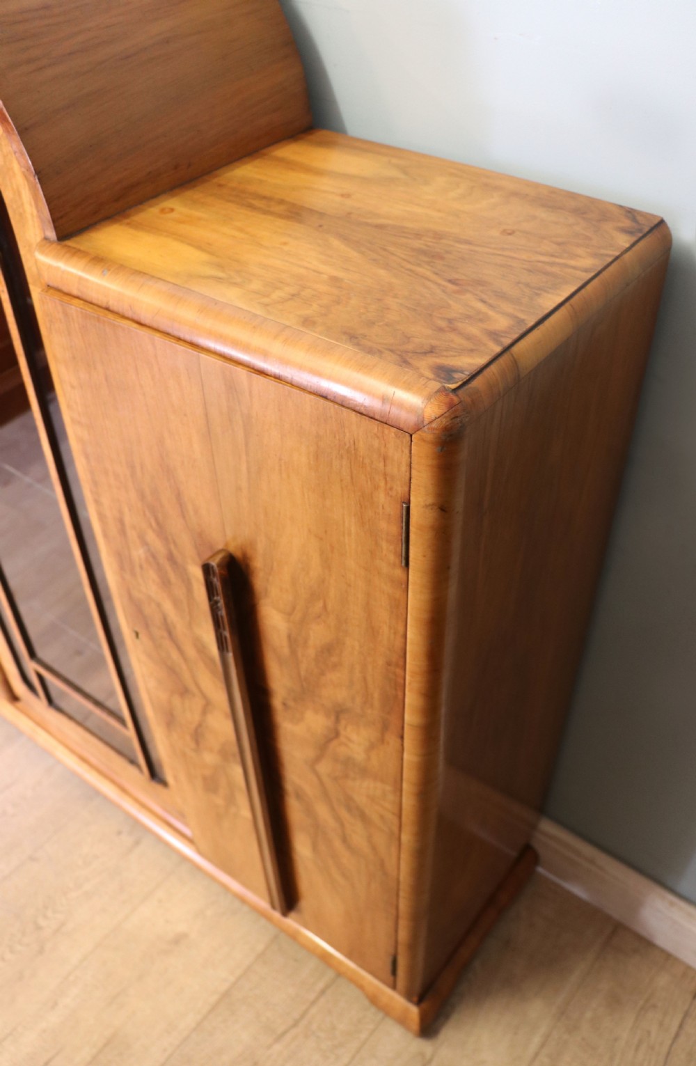 An absolutely lovely & unusual early 20th century walnut veneered side or display cabinet. View XVI