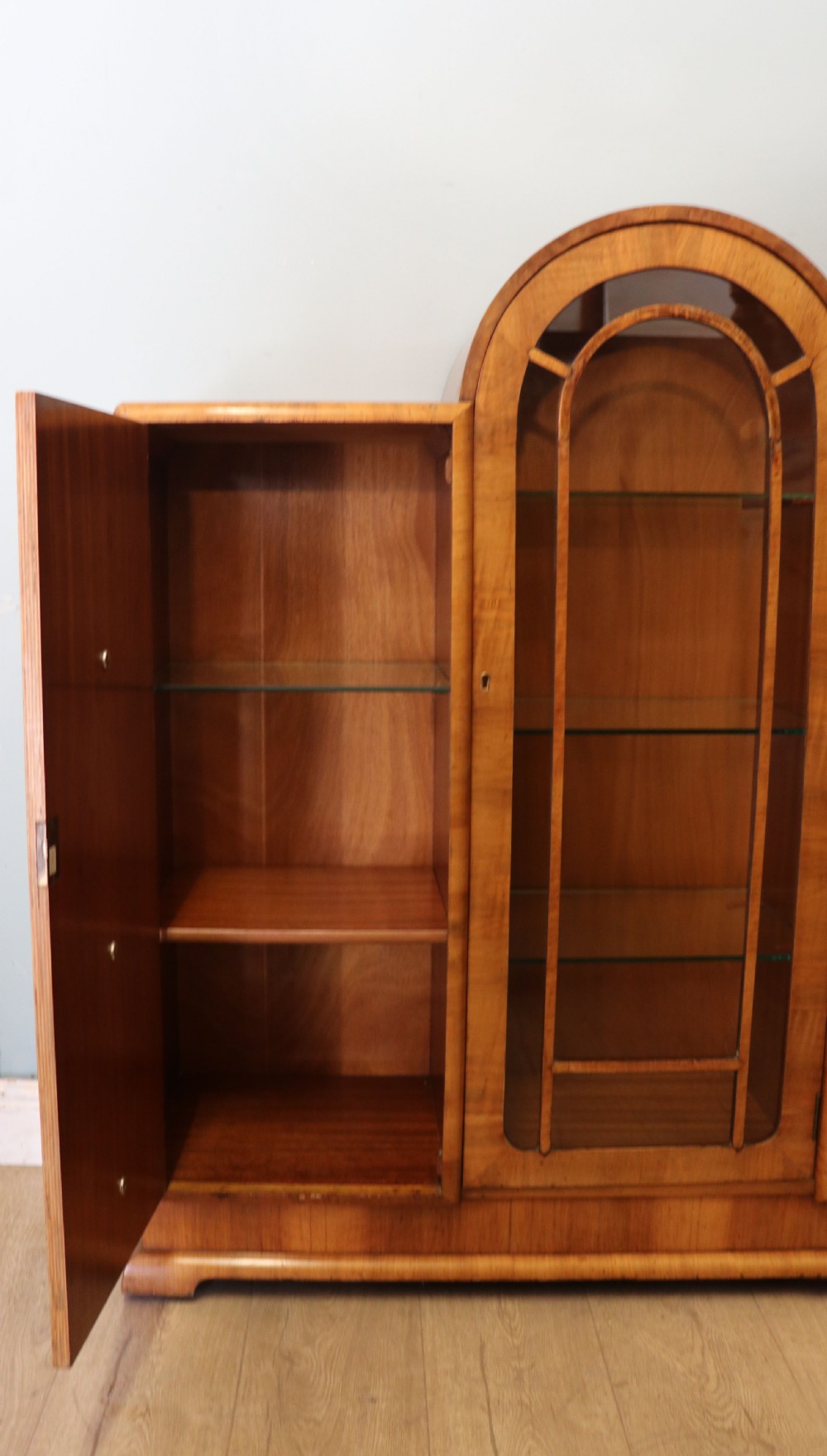 An absolutely lovely & unusual early 20th century walnut veneered side or display cabinet. View XXI