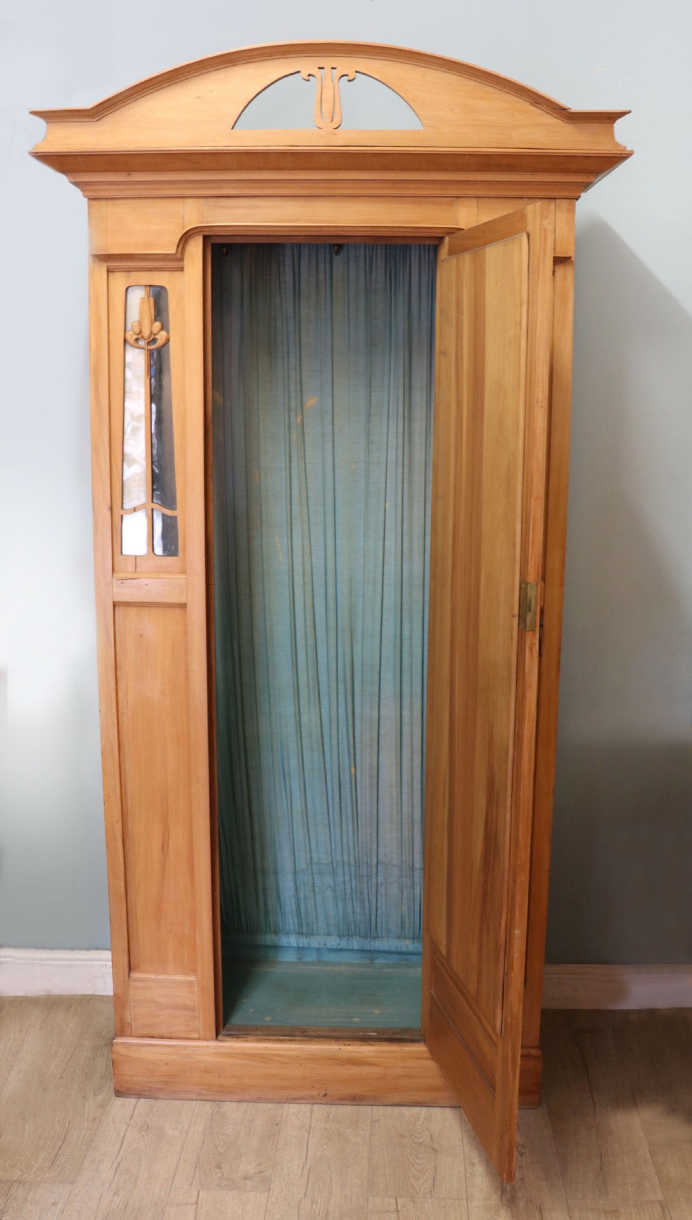 Victorian Arts and Crafts style. A lovely late 19th century satin walnut wardrobe and matching dressing chest. View XXIV
