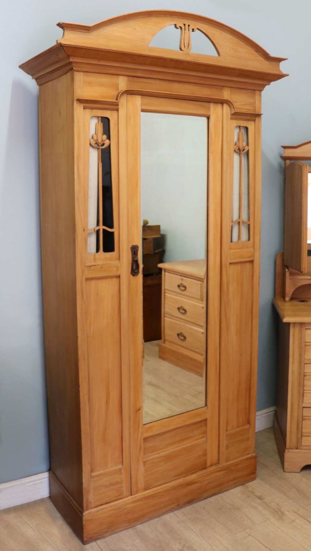 Victorian Arts and Crafts style. A lovely late 19th century satin walnut wardrobe and matching dressing chest. View XXV