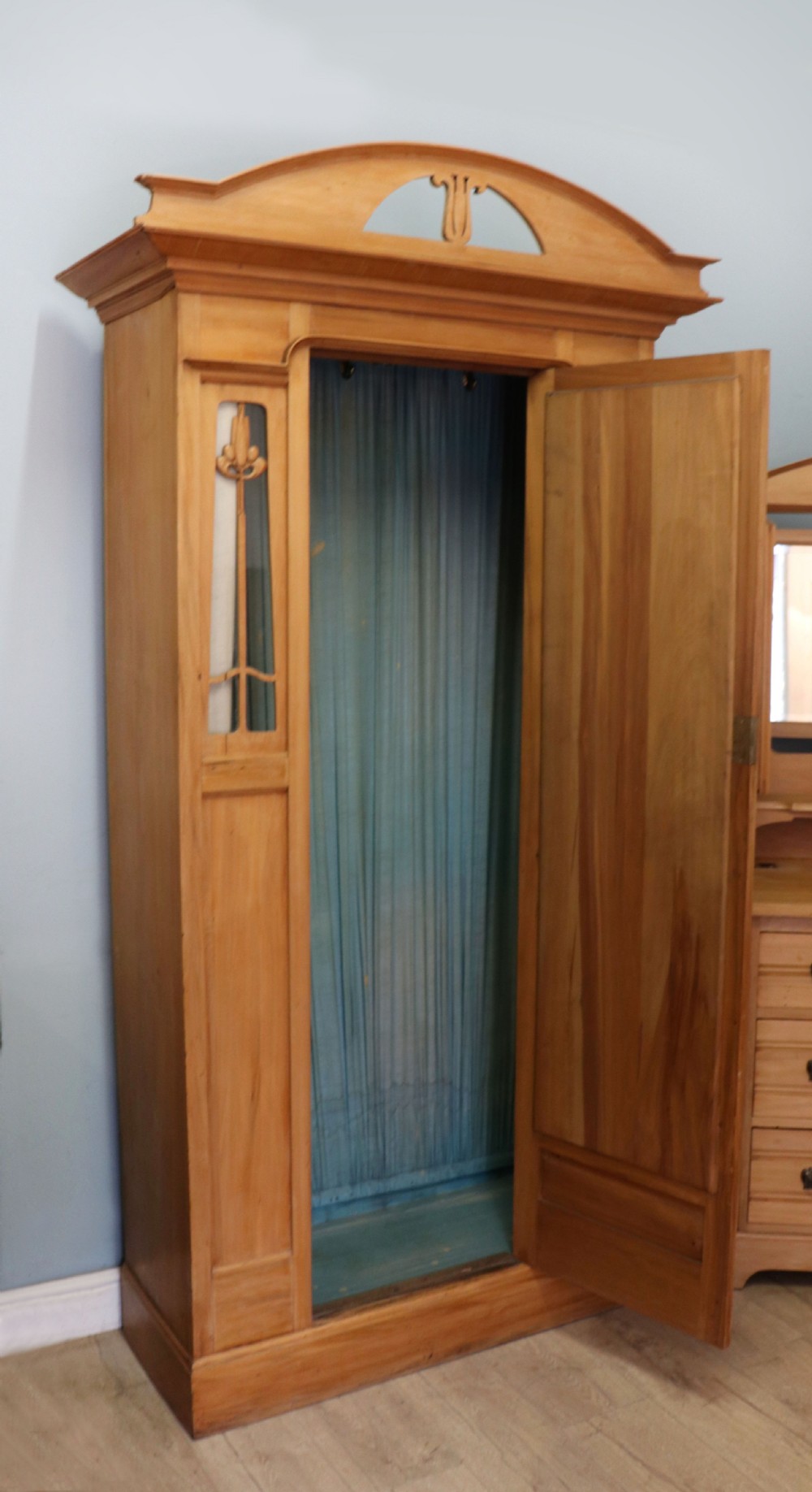 Victorian Arts and Crafts style. A lovely late 19th century satin walnut wardrobe and matching dressing chest. View XXVII