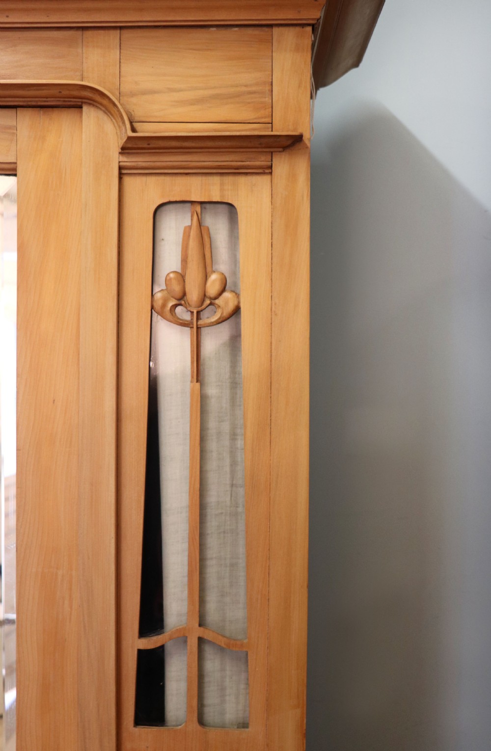 Victorian Arts and Crafts style. A lovely late 19th century satin walnut wardrobe and matching dressing chest. View XXX