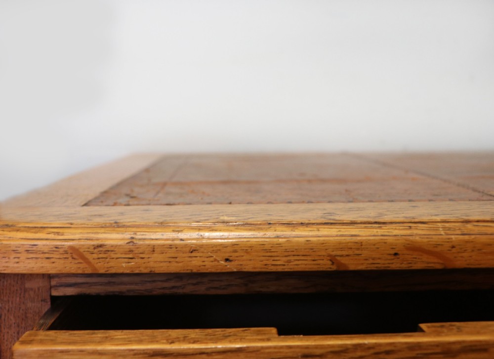 Victorian quality! A lovely late 19th century light oak twin pedestal desk.  View VI