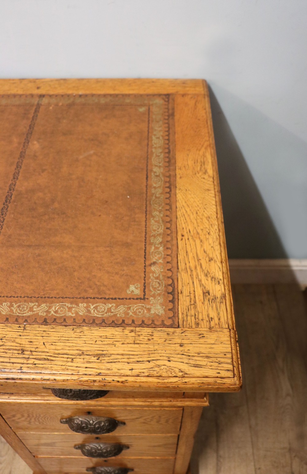 Victorian quality! A lovely late 19th century light oak twin pedestal desk.  View X