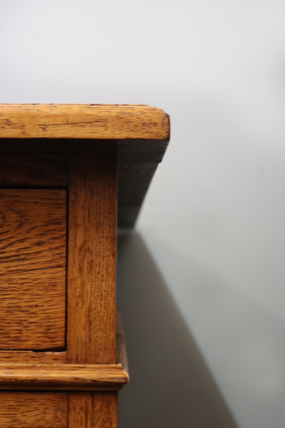 Victorian quality! A lovely late 19th century light oak twin pedestal desk.  View XII