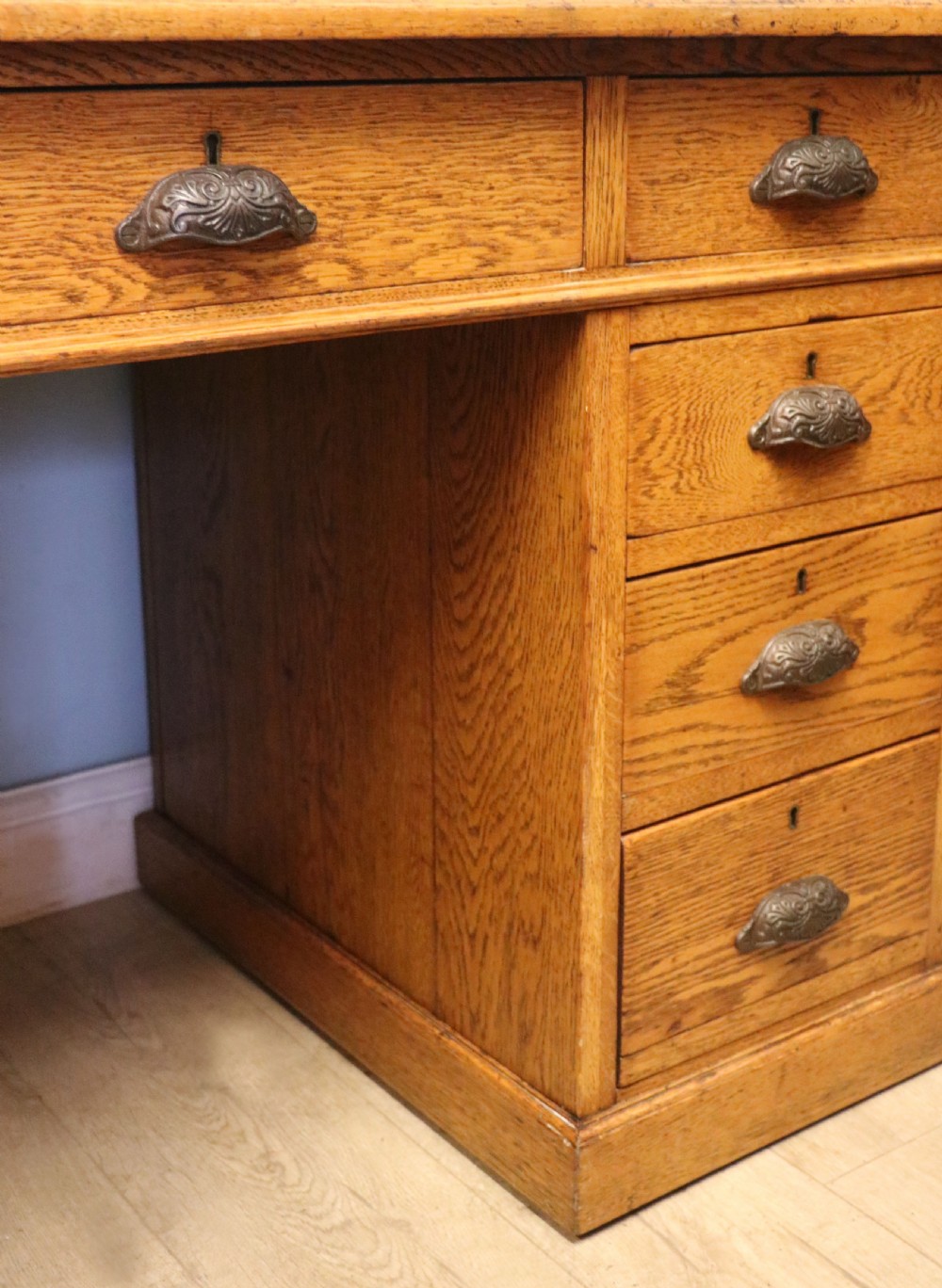 Victorian quality! A lovely late 19th century light oak twin pedestal desk.  View XVII