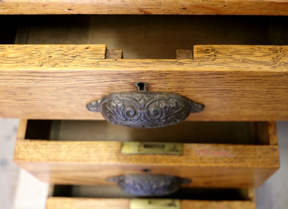 Victorian quality! A lovely late 19th century light oak twin pedestal desk.  View XVIII