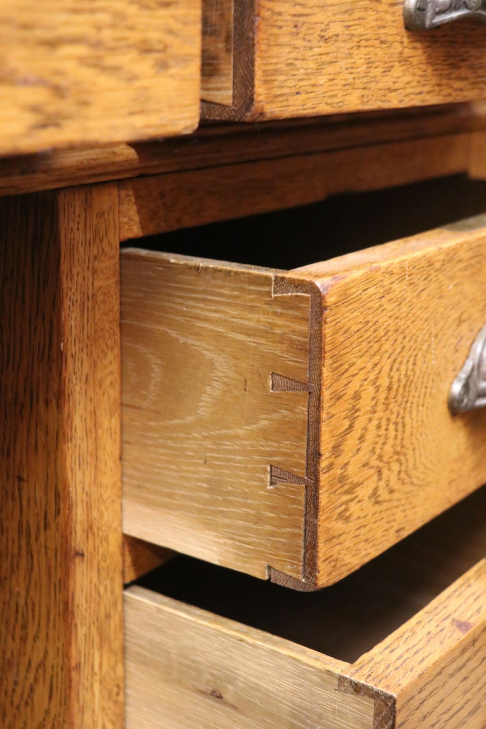 Victorian quality! A lovely late 19th century light oak twin pedestal desk.  View XX