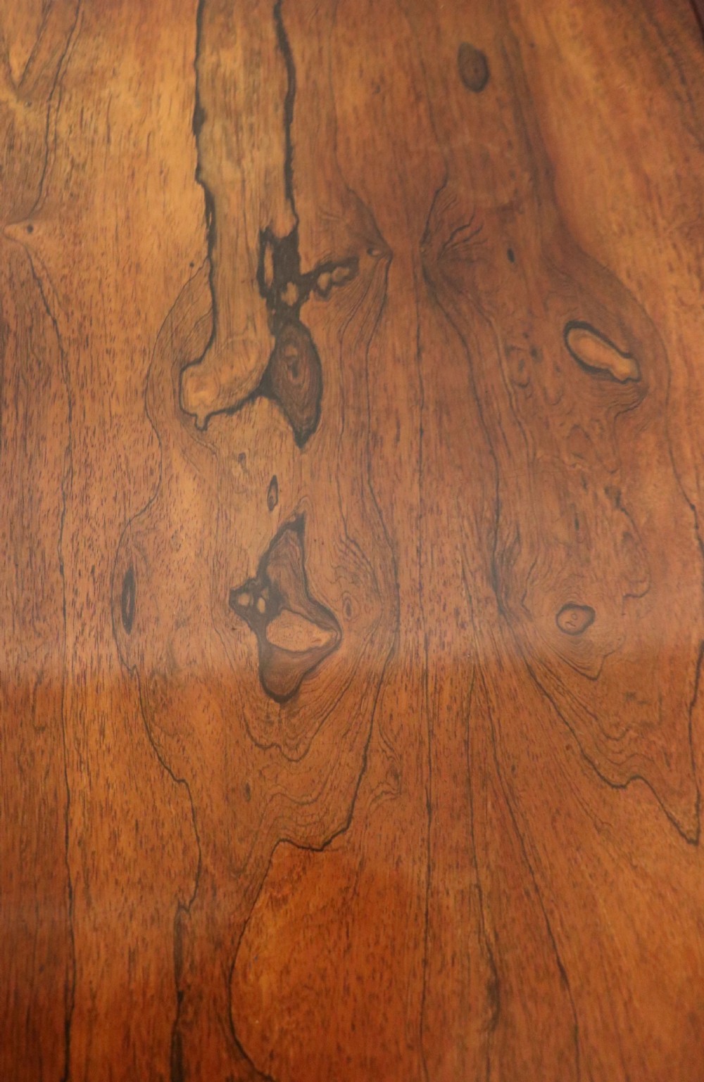 A late Georgian drop-leaf sofa table crafted from dark figured rosewood with a turned pedestal stem, two frieze drawers, and splayed quadruped legs with brass castors. View XIX