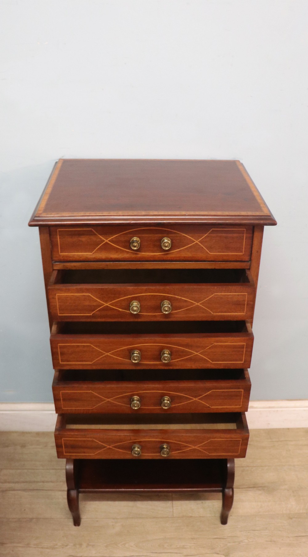 A lovely narrow mahogany and line inlaid music cabinet or chest of drawers View VI