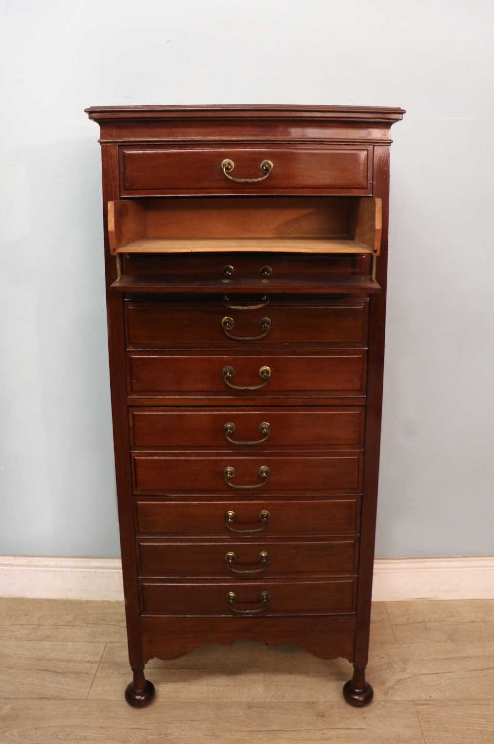 A lovely unusual early 20th century mahogany music cabinet or chest with ten drawers. View III