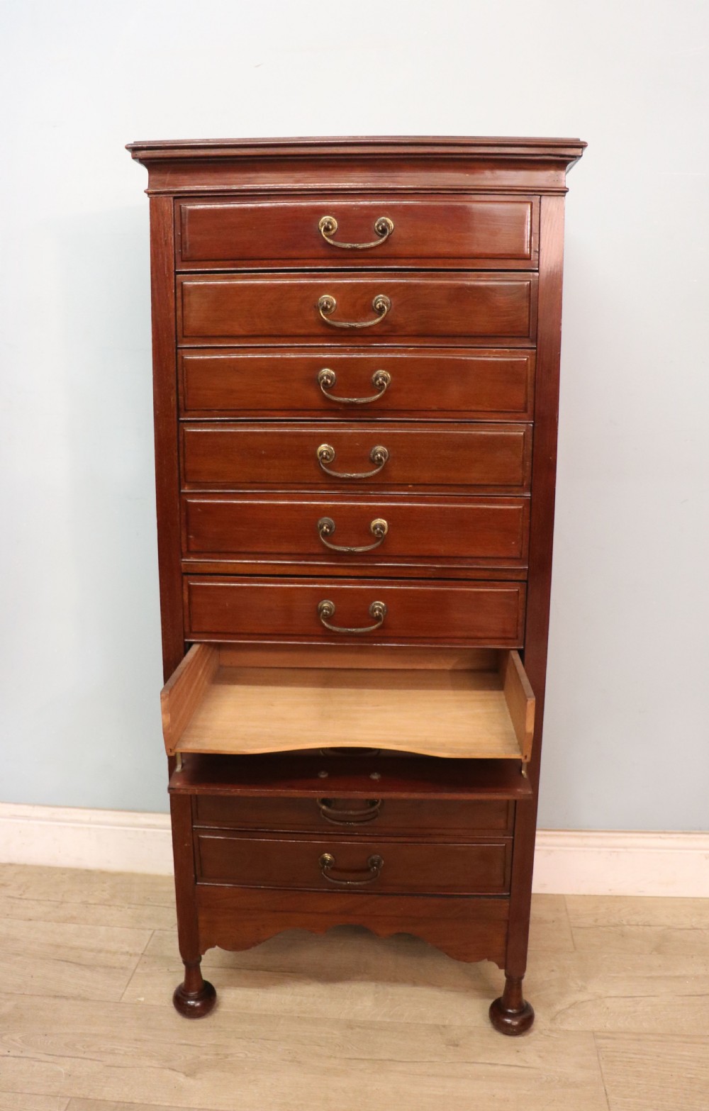 A lovely unusual early 20th century mahogany music cabinet or chest with ten drawers. View IX
