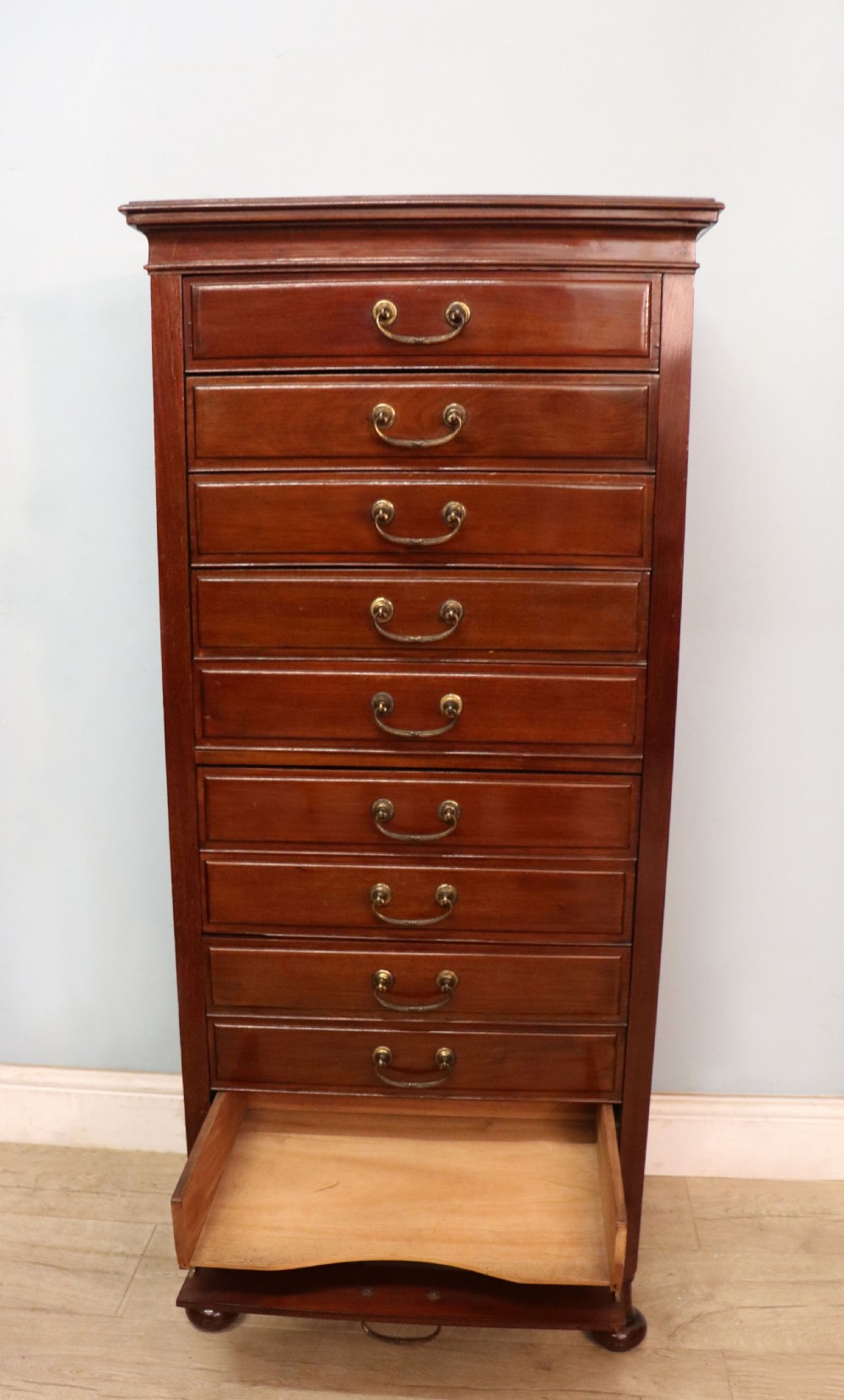 A lovely unusual early 20th century mahogany music cabinet or chest with ten drawers. View XIII