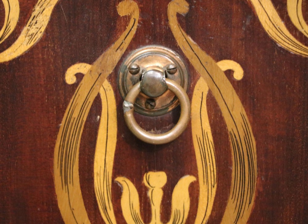 A tall dark wood Art Nouveau coal box featuring botanical marquetry inlay and brass ring handles, supported on castors. View XXIX