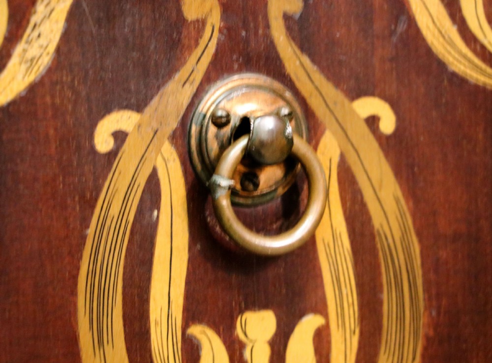 A tall dark wood Art Nouveau coal box featuring botanical marquetry inlay and brass ring handles, supported on castors. View XXX