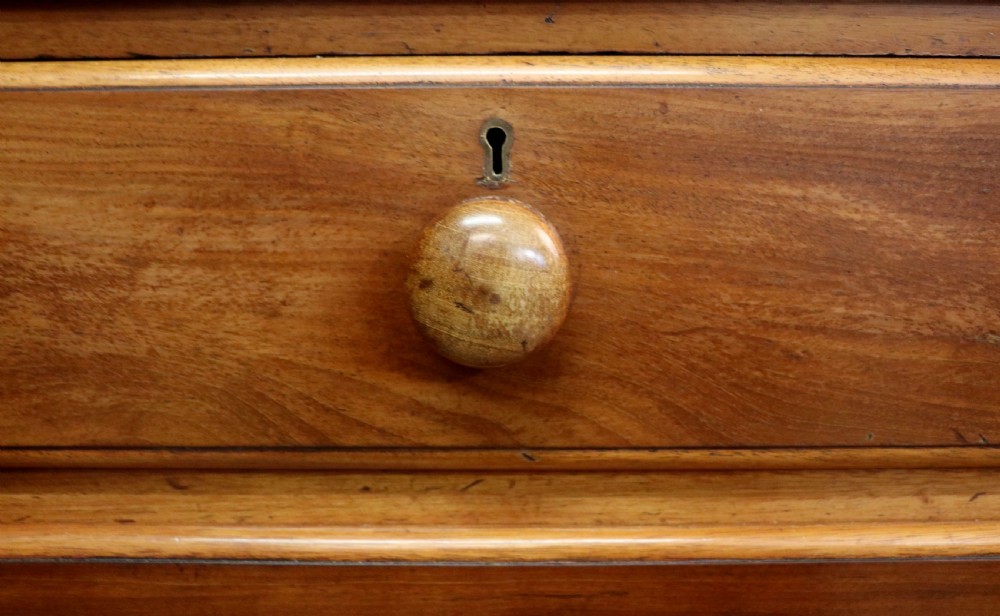 A mid-nineteenth century mahogany chest of drawers featuring two short drawers over two long drawers, turned wooden handles, and a shaped galleried backboard. View XVI