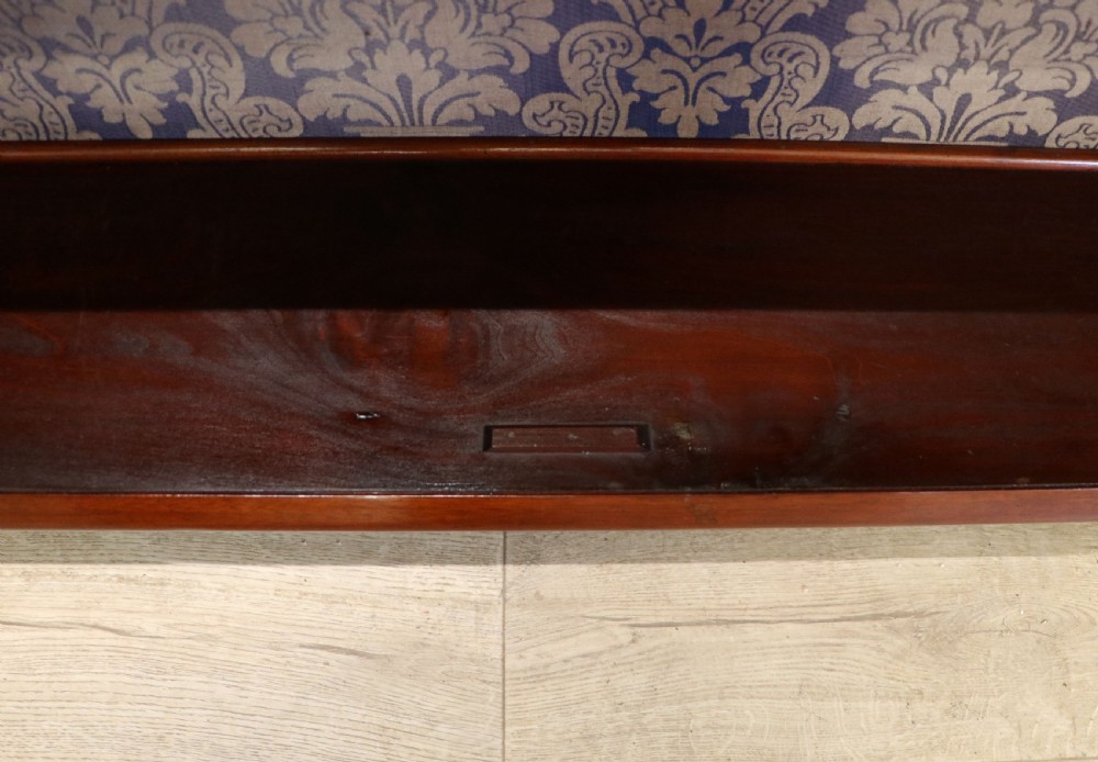 A late nineteenth-century dark mahogany display cabinet featuring two glazed doors adorned with hand-painted gold advertising typography, resting on short cabriole legs. View XXV