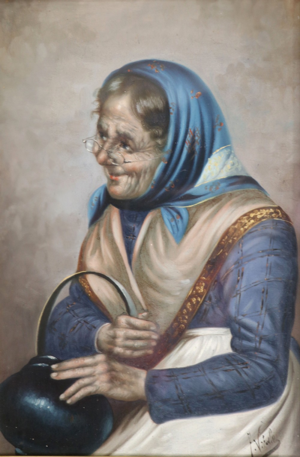 A pair of framed Italian oil portraits depicting an elderly man smoking a pipe and an elderly woman wearing a blue headscarf, both set in matching giltwood frames. View X