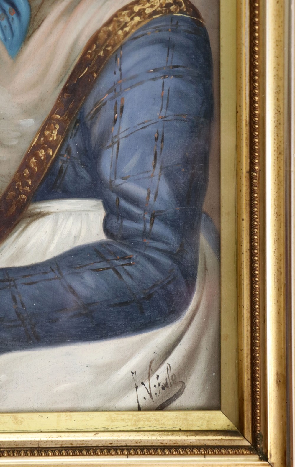 A pair of framed Italian oil portraits depicting an elderly man smoking a pipe and an elderly woman wearing a blue headscarf, both set in matching giltwood frames. View XIII
