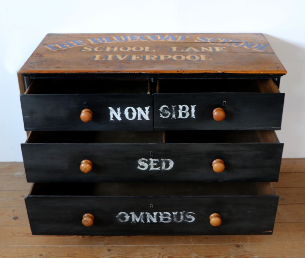 A Victorian black painted pine chest of drawers featuring a natural timber top with hand-painted lettering and turned wooden knobs. View III