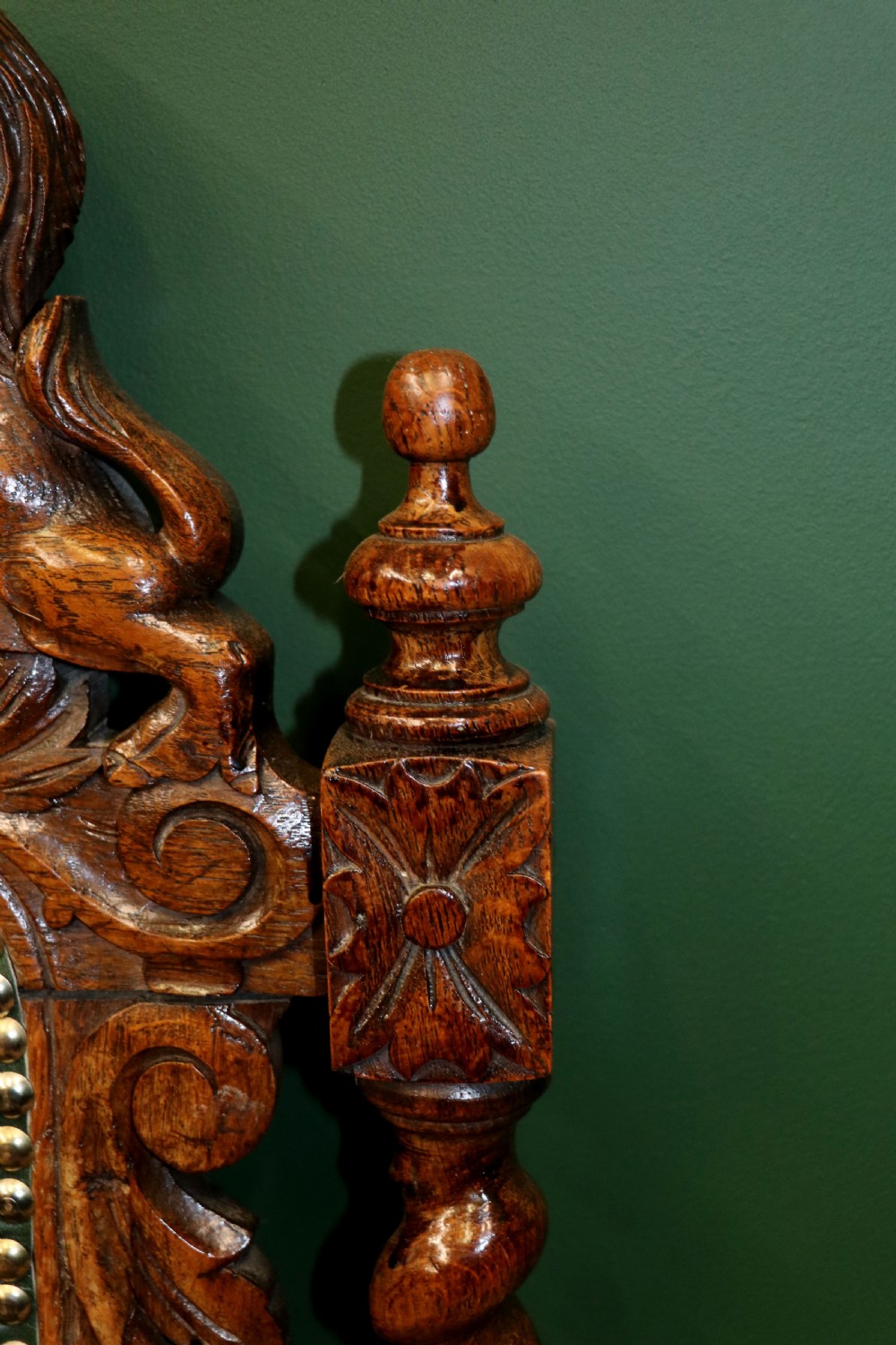 A lovely Victorian oak framed beautifully carved hall chair in the Carolean gothic revival style. View XXI
