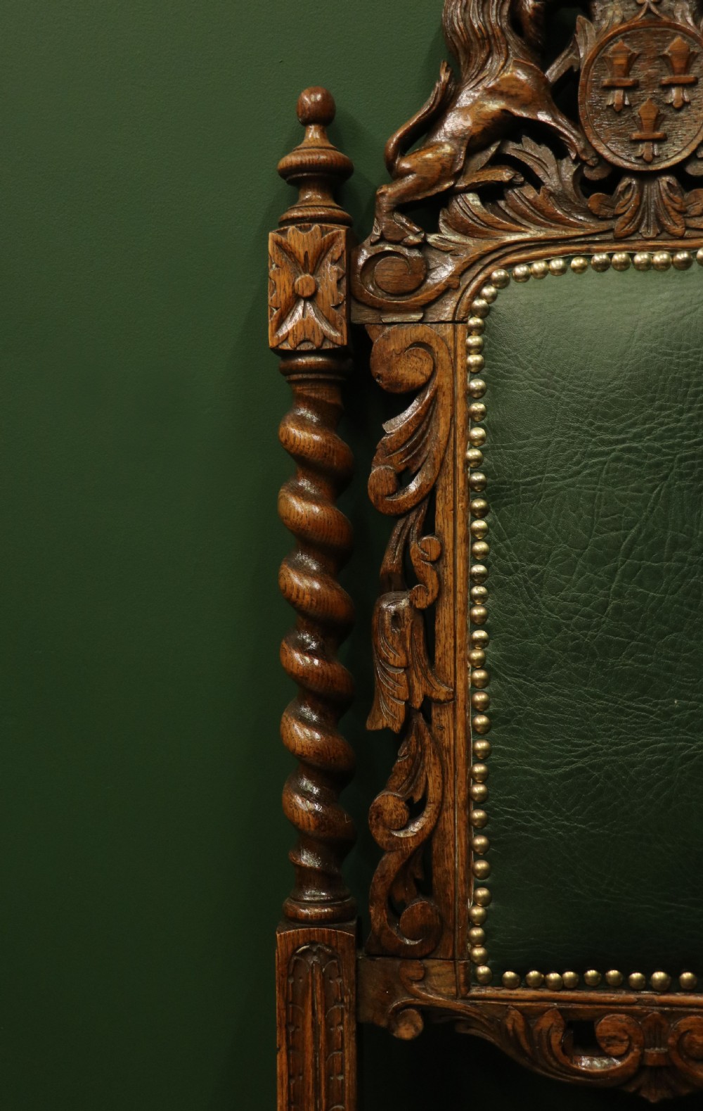 A lovely Victorian oak framed beautifully carved hall chair in the Carolean gothic revival style. View XXII