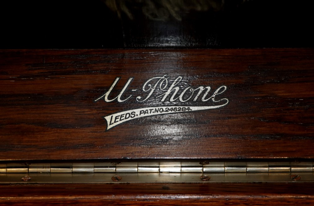 An upright dark oak parlour gramophone cabinet featuring cabriole legs, a hinged lid, carved rope detailing, and gothic arch fretwork grilles. View XVIII