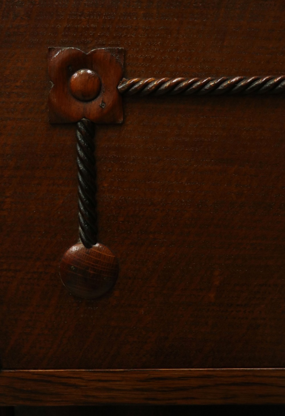 An upright dark oak parlour gramophone cabinet featuring cabriole legs, a hinged lid, carved rope detailing, and gothic arch fretwork grilles. View XXVIII