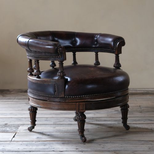 19th Century Rosewood and Leather Swivel Chair by Druce & Co