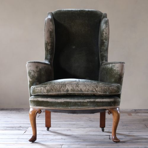 Late 19th Century Threadbare Green Velvet Wingback Armchair