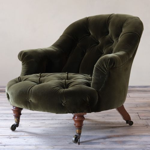 19th Century Howard Style Green Velvet Tub Armchair