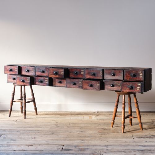 19th Century Mahogany Bank of 16 Worktop Apothecary Drawers