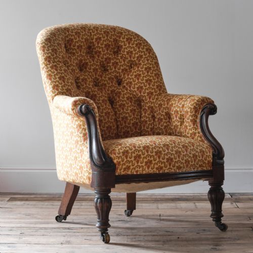 19TH CENTURY BUTTONED BACK TUB ARMCHAIR IN VINTAGE FRENCH COTTON - ADDITIONAL PHOTO 4