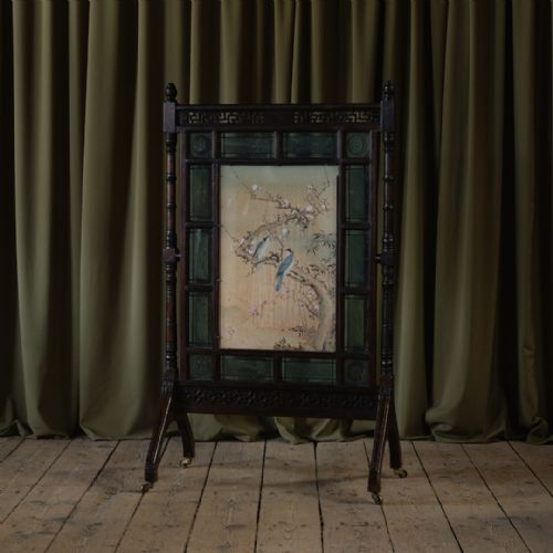 19th century aesthetic movement fire screen with painted scenes - CATEGORY: ANTIQUE FIREPLACES - DATED 19TH CENTURY