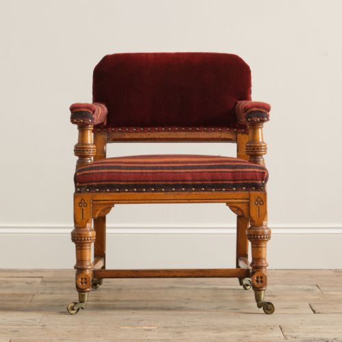19TH CENTURY GOTHIC REVIVAL OAK ARMCHAIR ATTR ALFRED WATERHOUSE - ADDITIONAL PHOTO 1
