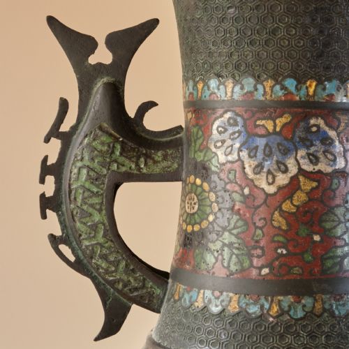 ANTIQUE EASTERN CHAMPLEVE ENAMEL AND BRONZE VASE - ADDITIONAL PHOTO 9