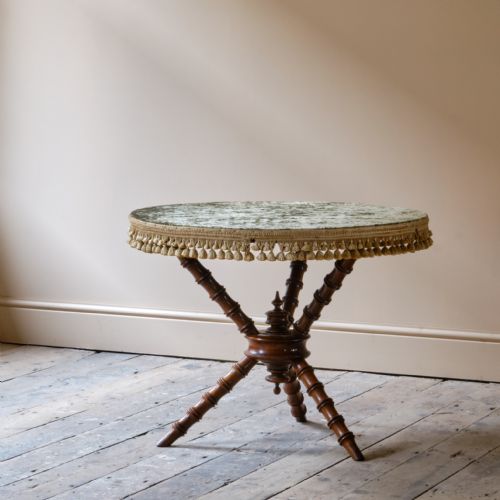 19TH CENTURY SIMULATED BAMBOO GYPSY SIDE TABLE IN ANTIQUE VELVET