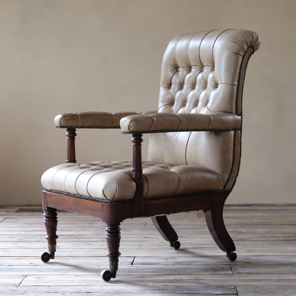 Antique 19th century mahogany and leather open armchair View II