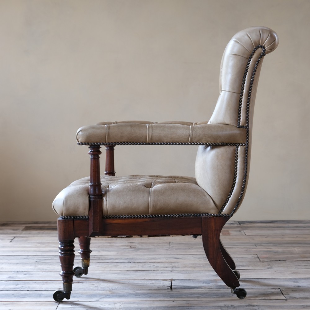 Antique 19th century mahogany and leather open armchair View VIII