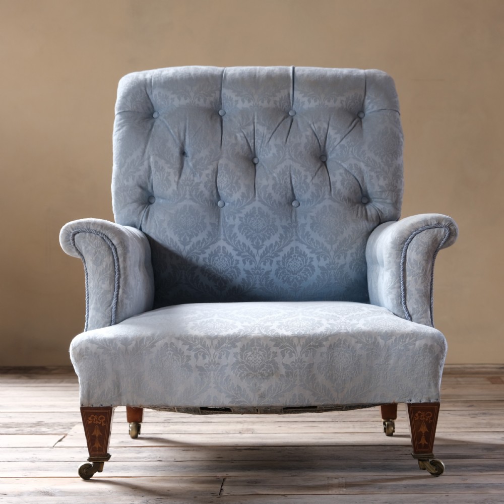 19th century deep seated armchair with marquetry legs View II