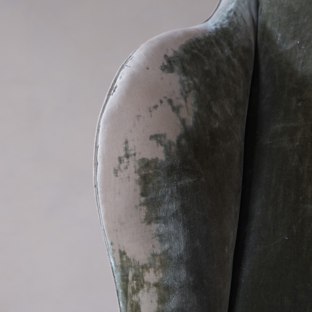 Late 19th century threadbare green velvet wingback armchair View VII