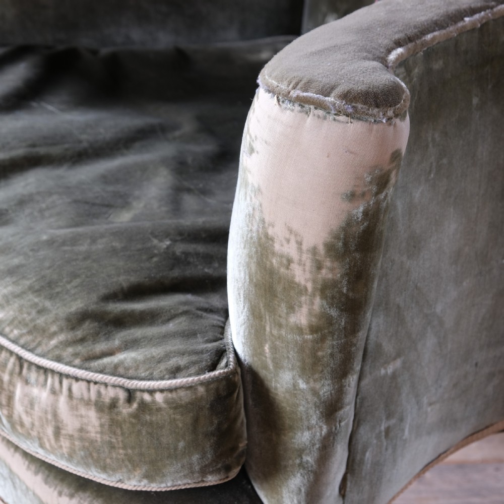 Late 19th century threadbare green velvet wingback armchair View IX