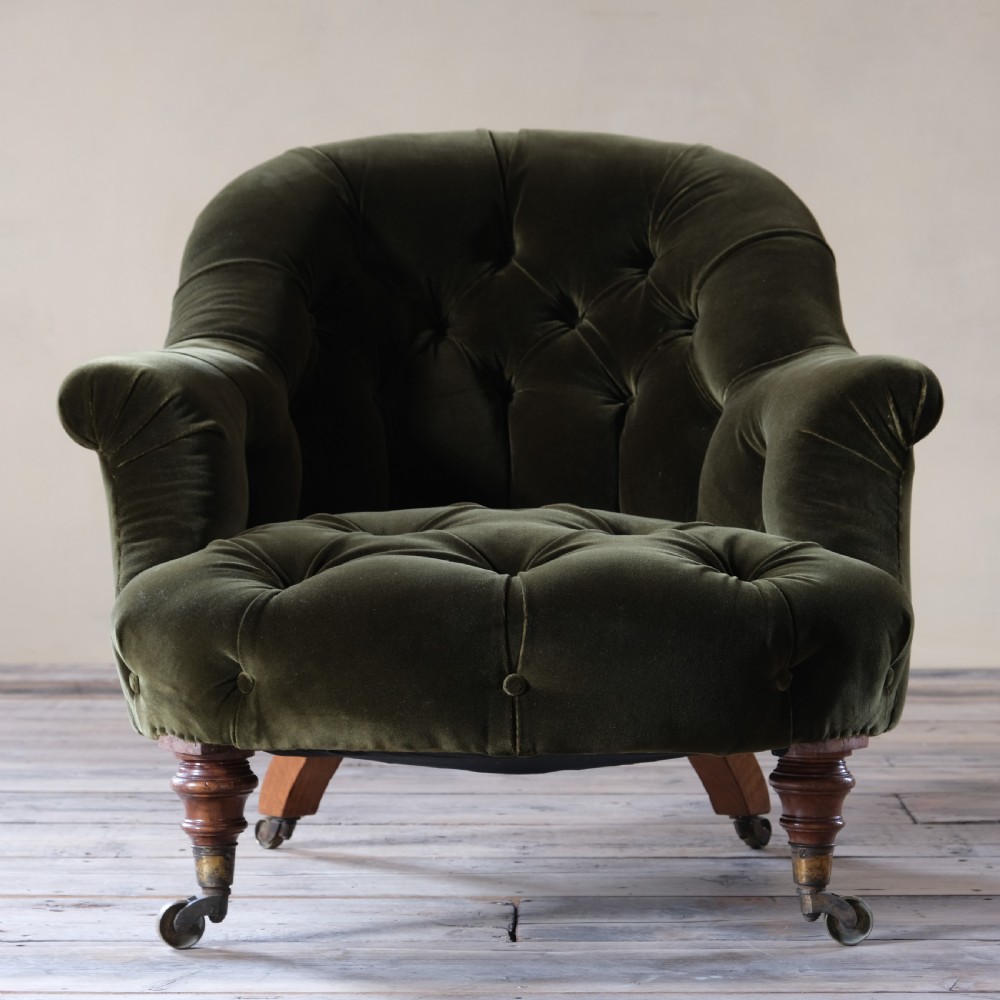 19th century Howard style green velvet tub armchair View II