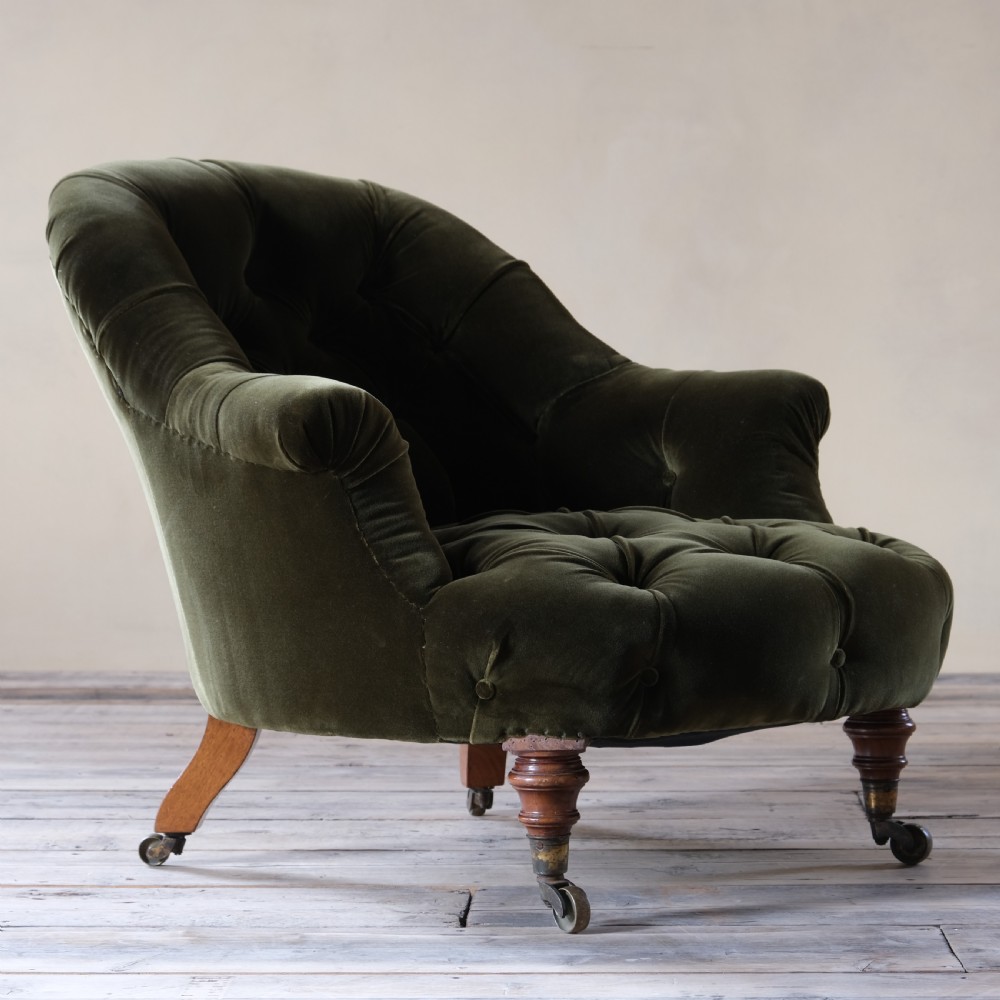19th century Howard style green velvet tub armchair View III