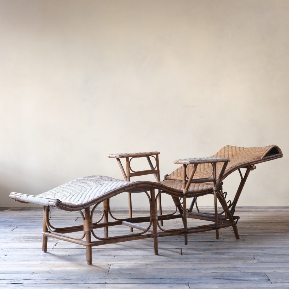 Antique French rattan lounger chaise lounge  View V