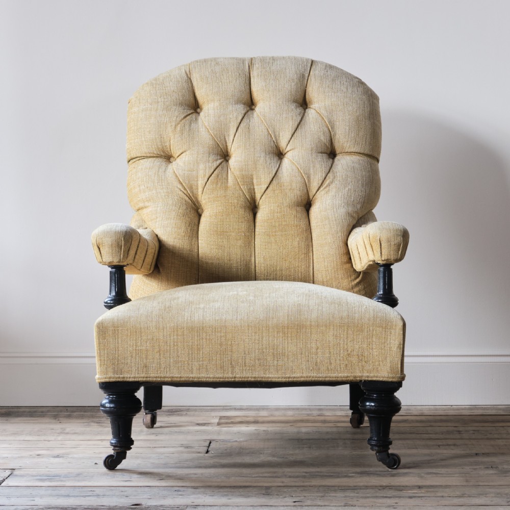 19th century open armchair in yellow linen View II