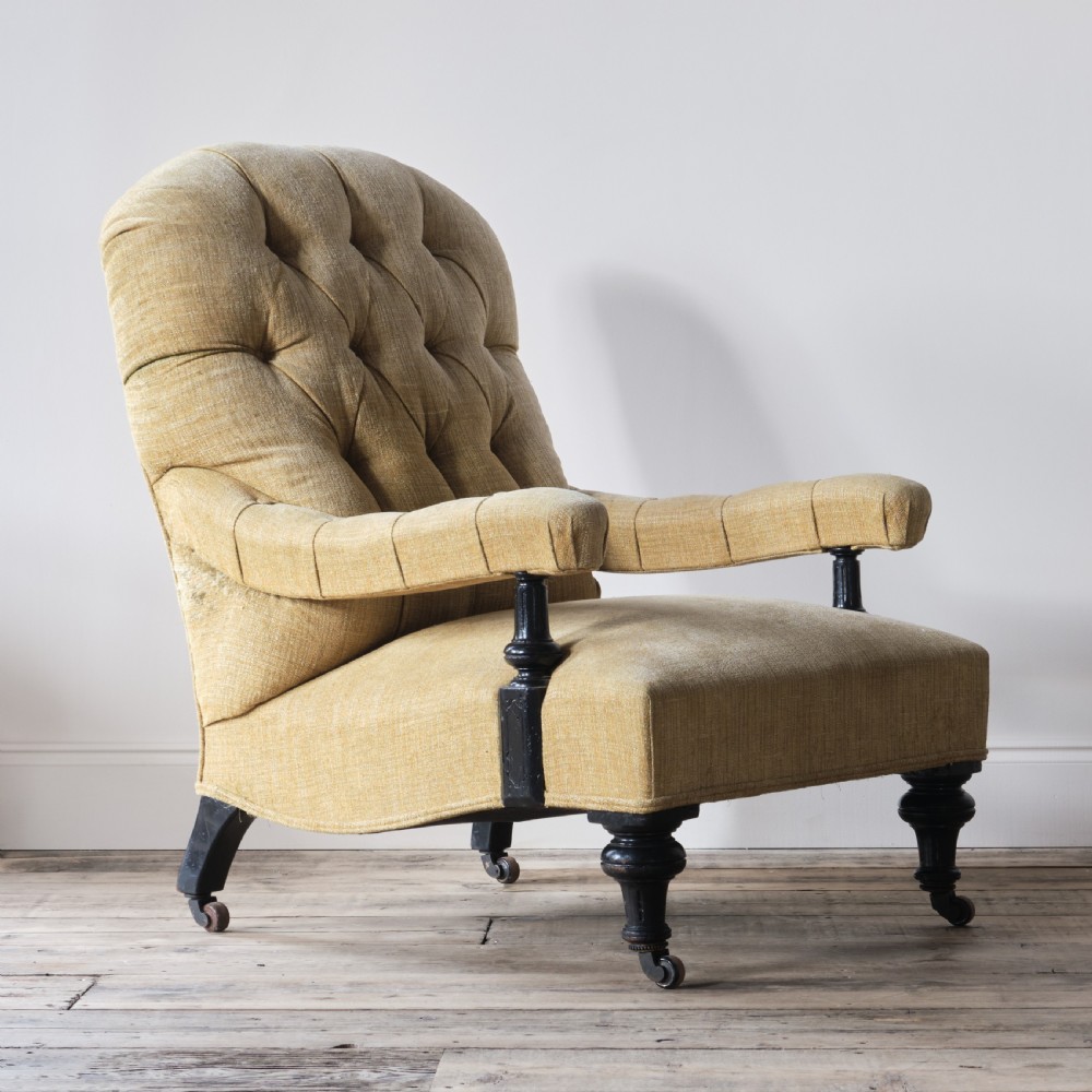 19th century open armchair in yellow linen View III