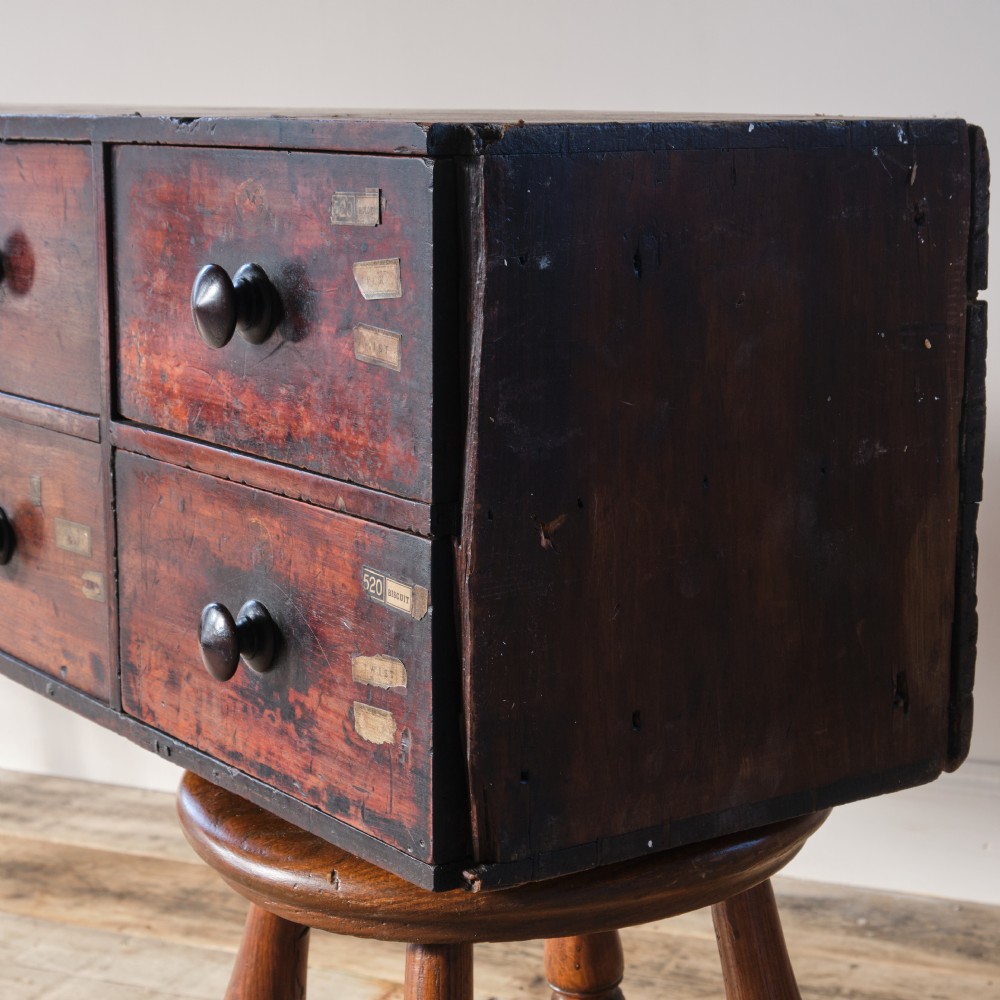 19th century mahogany bank of 16 worktop apothecary drawers View VII