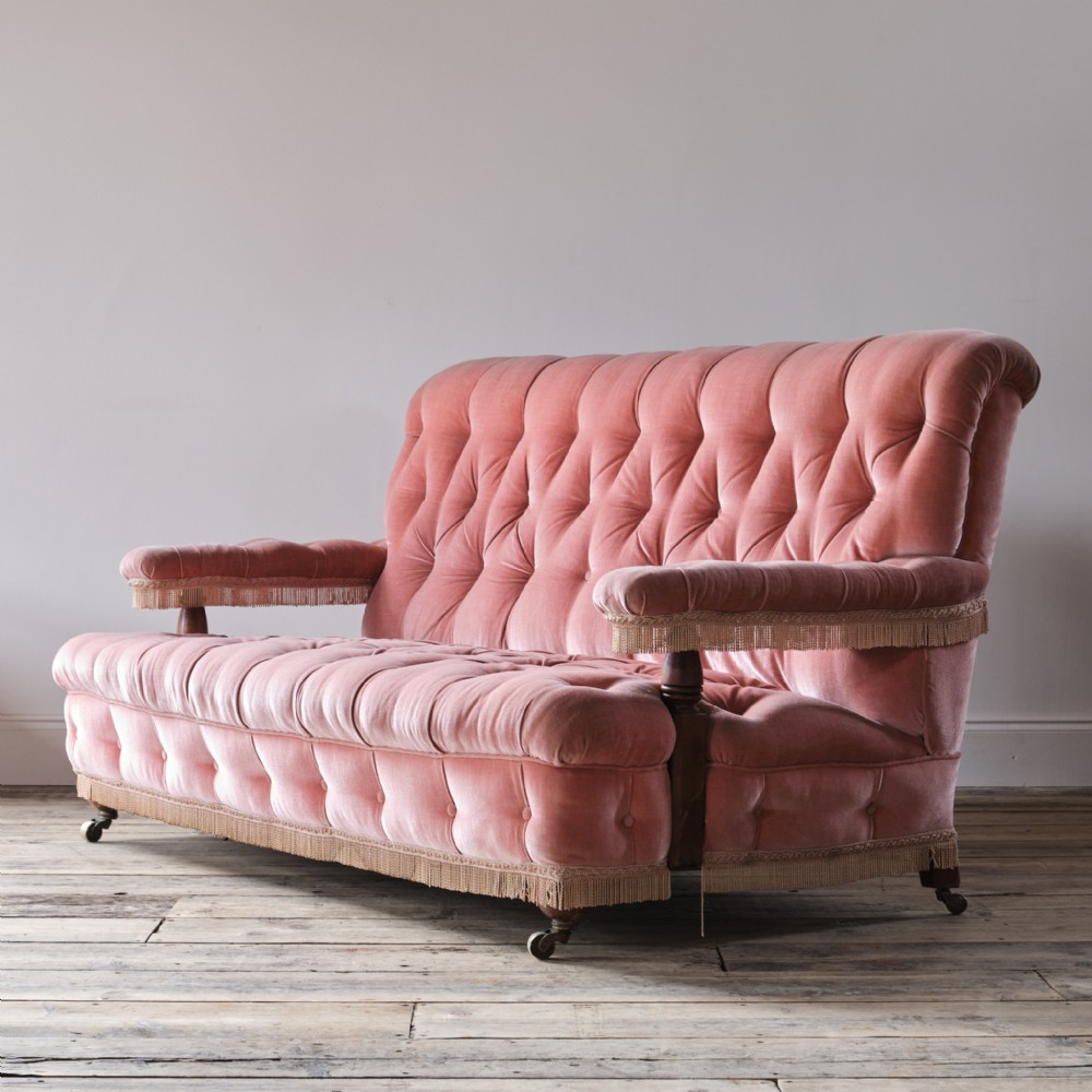 Victorian open arm sofa in pink velvet